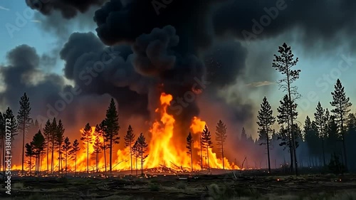Forest Fire Inferno: A Devastating Blaze Engulfs Trees, Smoke billows into the sky, creating a dramatic and alarming scene.