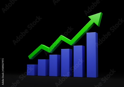 A vibrant green arrow soaring above steadily rising blue bars, symbolizing triumphant growth and prosperous success against a stark black background. Free Download A vibrant green arrow soaring above steadily rising blue bars, symbolizing triumphant growth and prosperous success against a stark black background. - GFXLoad