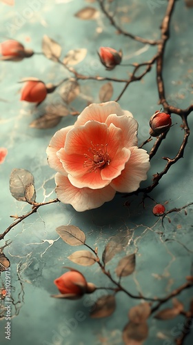  Delicate Peach Flower Blooming Amidst Soft Pink Buds on Light Blue Background