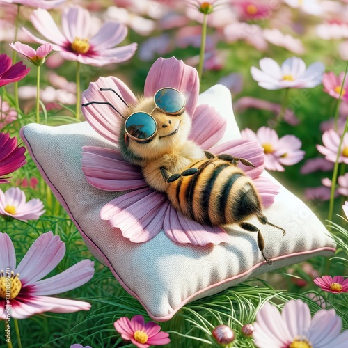 A honeybee relaxes on a pillow made of petals, donning stylish sunglasses amidst a field of blooming flowers