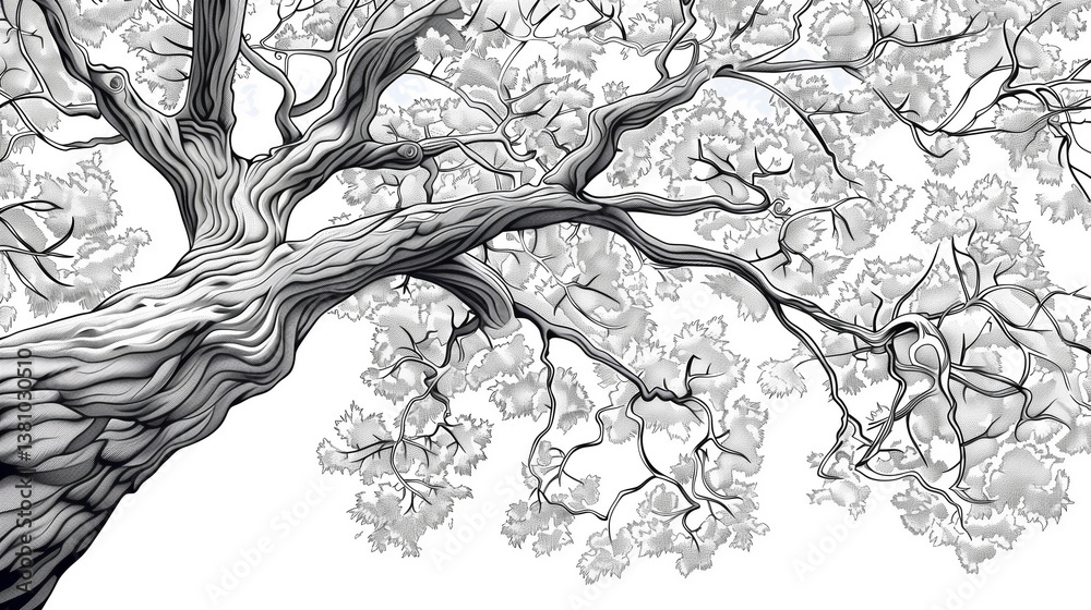 Obraz premium A line art of a majestic tree with sprawling branches and detailed leaves.