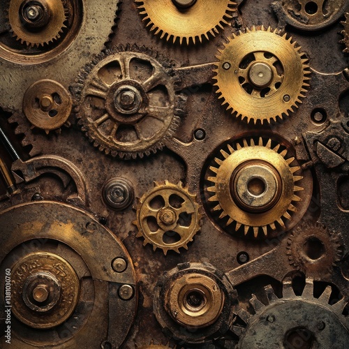 Detailed close-up of intricate gears and mechanical components, showcasing intricate, rusty metallic parts