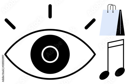 Eye icon with emphasis lines, shopping bag, and music note highlighting attention to consumer shopping, entertainment, and creativity. Ideal for marketing, media, lifestyle, design art culture