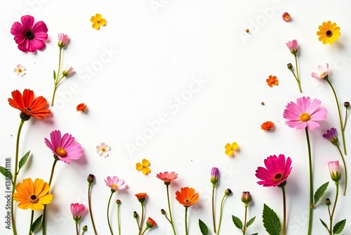 Delicate scattered wildflowers on white background, simple pattern, pretty, white background