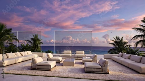 Seaside luxury Lounge at Sunset: A sophisticated outdoor lounge with plush seating faces the calm ocean beneath a pastel-colored sky, perfect for relaxing in an opulent environment.