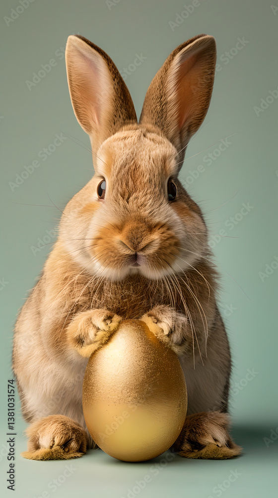 Fototapeta premium Realistic Easter Bunny holding a golden egg on a soft green background ready for festive celebrations