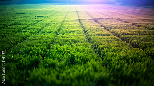 Lush Green Field Stretching to Horizon, Vibrant Grass with Subtle Light, Nature's Serenity in a Wide Landscape View.
