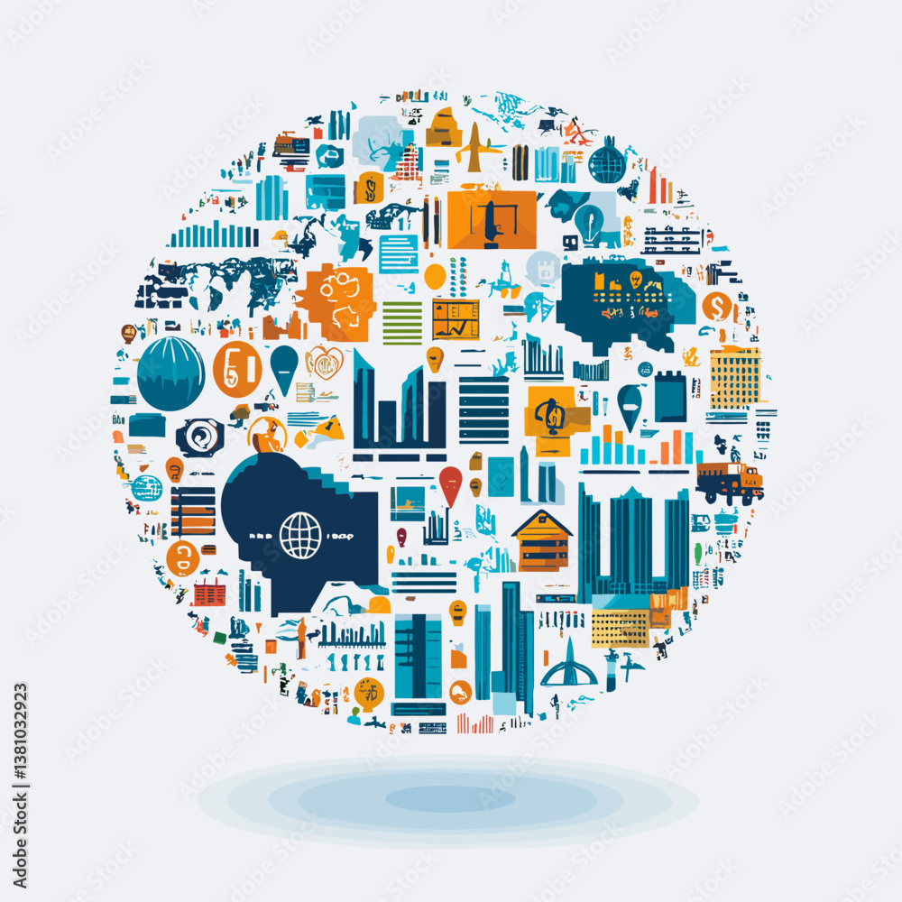 Global Business Data Infographic: Circular Chart of Diverse Icons Representing Worldwide Commerce, Technology, and Finance Global Business Data Infographic: Circular Chart of Diverse Icons Representing Worldwide Commerce, Technology, and Finance