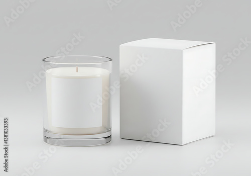 White candle in glass jar mockup with box for product presentation and branding on a light background