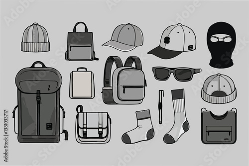 Urban Accessory Set: Backpacks, Hats, Glasses - Flat Vector Icons