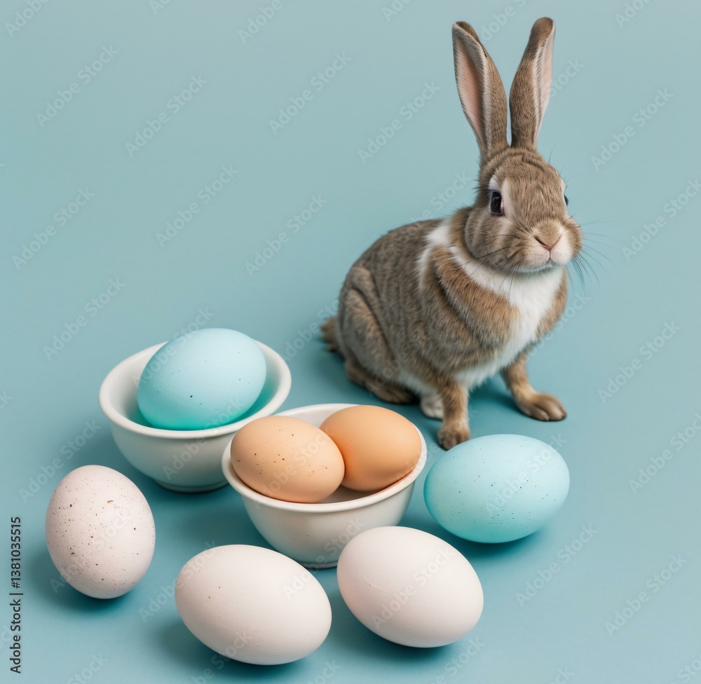 Obraz premium A cute, fluffy bunny seated on a nest of pastel-colored eggs, against a soft blue studio background. Generative AI