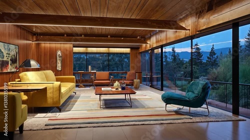 Spacious Living Room: A modern and inviting living space, featuring warm wooden accents, large windows, and stylish furniture, offering a glimpse of a serene view outside.