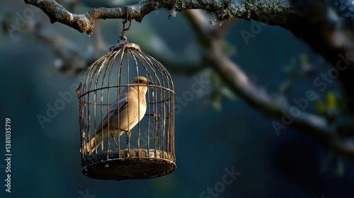 A bird inside a floating cage, surrounded by deep shadows, portraying loneliness and despair. No people.