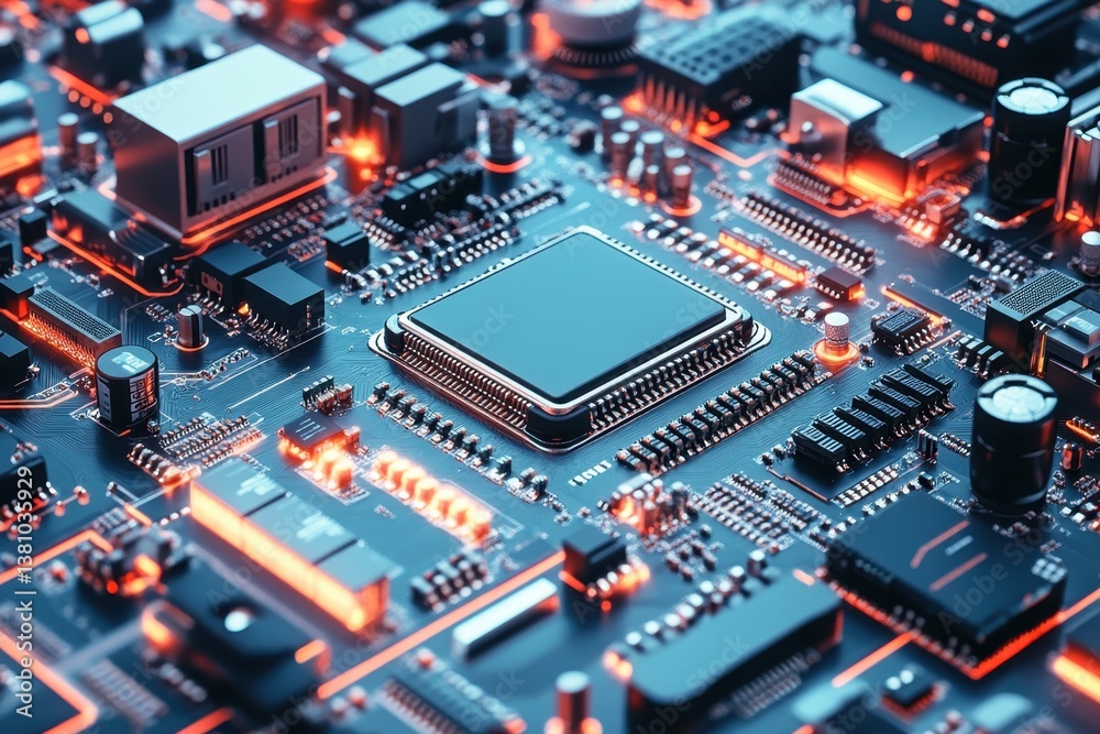Close-up view of a computer circuit board with glowing components and intricate pathways Close-up view of a computer circuit board with glowing components and intricate pathways