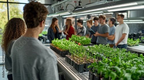 Students in a contemporary lab explore AI-driven farming innovations, highlighting education and the future of agricultural technology.