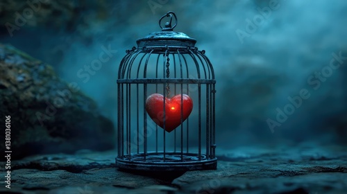 A caged heart drifting in endless void, glowing faintly, evoking loneliness and deep sorrow. Dark background, no people.