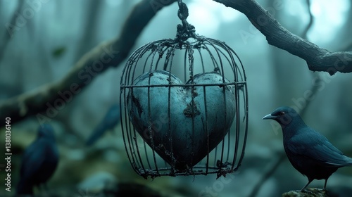 A caged heart surrounded by cold shadows, floating in the unknown, expressing deep loneliness. No people.