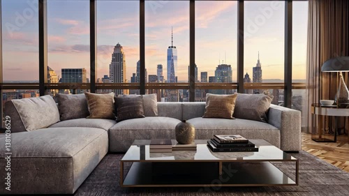 Luxury Living with City View: A high-end living room provides breathtaking panoramic city skyline views at sunset with modern and comfortable furniture and interior design