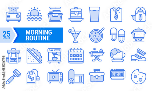 25 Blue Line Icons for Morning Routine Illustration.