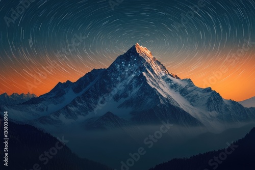 Majestic snow-capped mountain peak under a mesmerizing night sky with star trails.