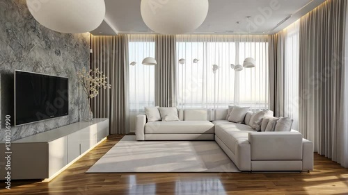 Modern Living Room Interior: A contemporary living space designed with elegant furnishings, natural light, and a harmonious blend of textures and tones, creating a stylish and inviting atmosphere.