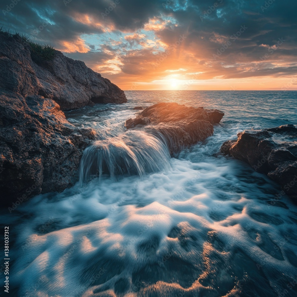 Obraz premium Dramatic coastal sunset. Water cascading over rocks at the shore, a vibrant sunset paints the sky
