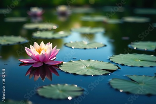 Water lilies forming a pattern across a still lake, photography, aesthetic, wallpaper