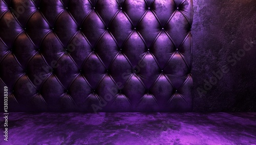 Purple tufted leather wall in dark room, empty space photo