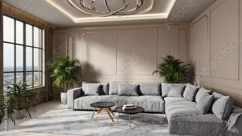 Modern Living Room Design: An elegantly designed interior with a spacious seating area, natural light and decorative plants, demonstrating sophisticated taste and refined comfort.