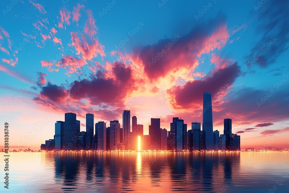 Fototapeta premium Vibrant city skyline at sunset reflected in water with colorful clouds overhead.