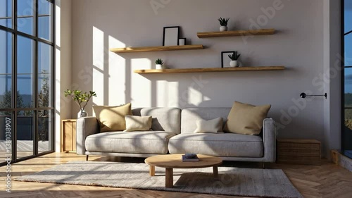 Serene Living Room: A modern living space bathed in soft daylight, featuring a comfortable sofa, stylish wooden shelves adorned with decorative items, and large windows offering expansive views.