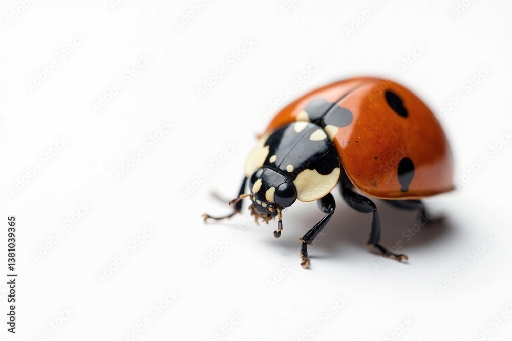 Close-up of a single ladybug on white background, isolated, red, background Close-up of a single ladybug on white background, isolated, red, background