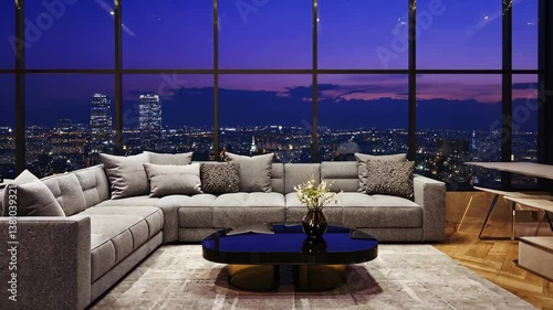 Luxury Living with City Views: The spacious living room boasts an inviting sectional sofa, a modern coffee table.