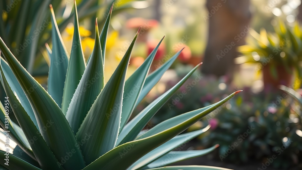 Obraz premium Green agave plant with sharp leaves in a sunny garden, surrounded by lush foliage and soft natural light. 