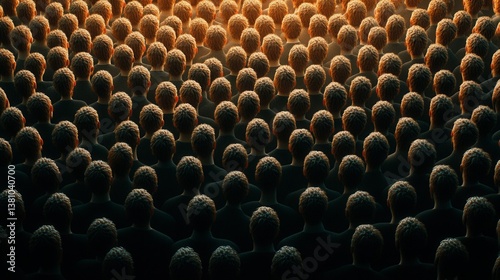 Overhead View of a Dense Crowd of Heads Illuminated by Warm Light