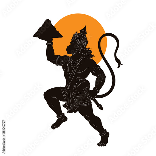 "Shree Hanuman Jayanti" Calligraphy in Marathi, meaning Greetings and wishes for Happy Hanuman Jayanti festival of India with lord Hanuman Vector Illustration