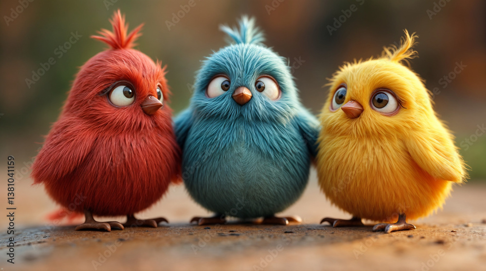 Fototapeta premium Three birds with different colors are standing next to each other