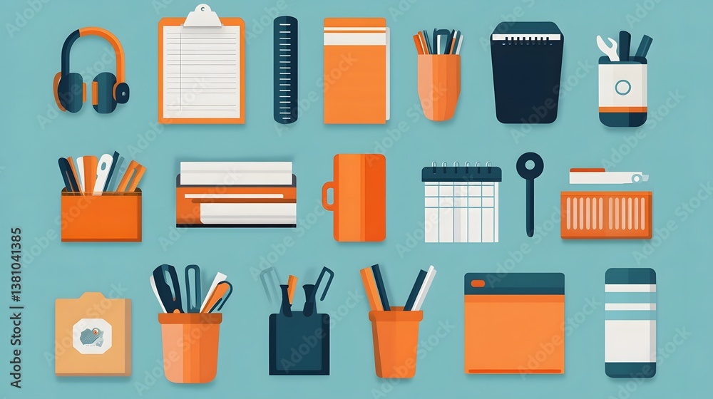 Assortment of Minimalist Office Household Icons in Soft Blue Tones Assortment of Minimalist Office Household Icons in Soft Blue Tones