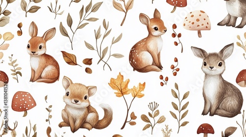 Wallpaper Mural Hand drawn seamless pattern with watercolor forest animals Torontodigital.ca