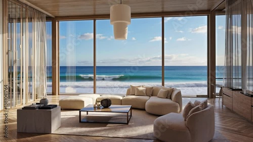 Ocean View Living Room: A spacious living room offers stunning panoramic views of the vast ocean through expansive glass windows. Interior of room filled with natural light and modern.