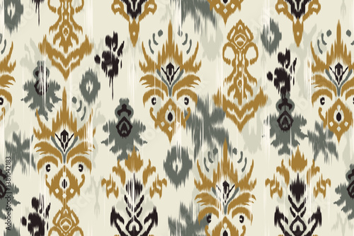 Seamless ethnic Ikat pattern with tribal and folk embroidery influences, featuring Aztec geometry in a Mexican style. Ideal for graphic design, carpets, wallpapers, wrapping paper, and clothing.