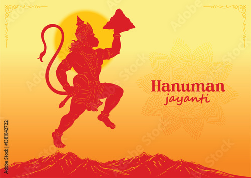 "Shree Hanuman Jayanti" Calligraphy in Marathi, meaning Greetings and wishes for Happy Hanuman Jayanti festival of India with lord Hanuman Vector Illustration