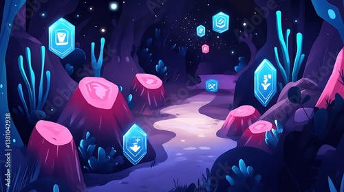 Illustration of a digital learning game, with points, badges, and interactive questions displayed