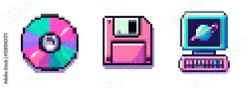 Pixel art vector illustration depicting a floppy disk, CD, and vintage computer. Displays retro tech elements with a vibrant, colorful, and nostalgic aesthetic.