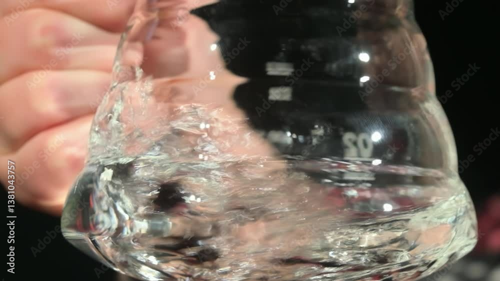 Person measures liquid in transparent cup with markings. Human holds glass measuring container while clear fluid swirls slow motion