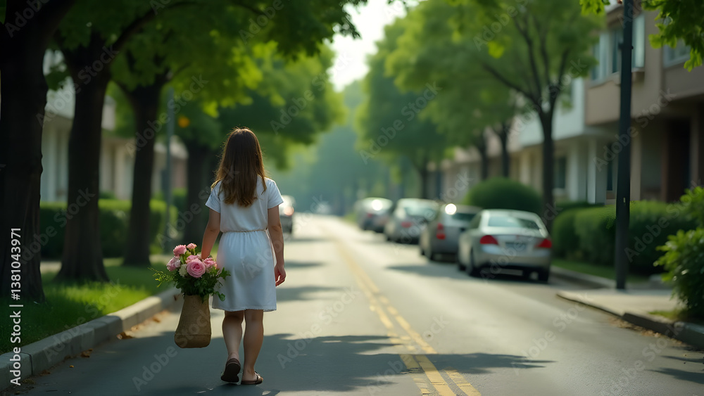 Walking along a sunny street, a girl carries a bouquet of flowers in her arms. The trees around her are lush and green, and the city buildings create a picturesque backdrop. Walking along a sunny street, a girl carries a bouquet of flowers in her arms. The trees around her are lush and green, and the city buildings create a picturesque backdrop.
