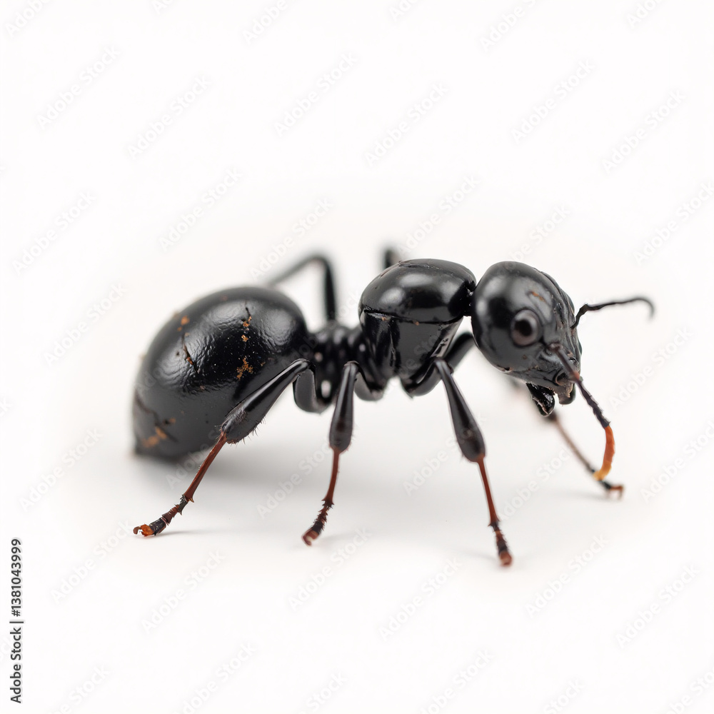 A close up of a black ant on a white background. The ant is the main focus of the image, with the white background providing a stark contrast to the dark color of the ant. A close up of a black ant on a white background. The ant is the main focus of the image, with the white background providing a stark contrast to the dark color of the ant.