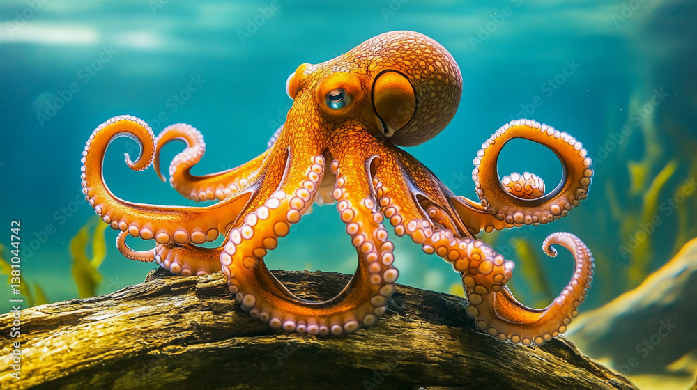 Obraz premium Vibrant orange octopus exploring underwater habitat Generative AI