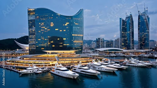 Luxury Marina at Dusk: A stunning cityscape showcases a modern harbor with sleek yachts docked, overlooked by a luxurious, contemporary building with a unique architectural design.