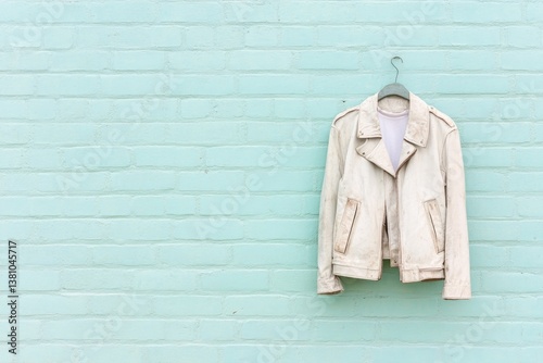 minimalistic scene depicting retro grunge fashion elements like worn leather jacket hanging alone on textured brick